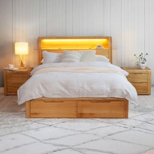 HAYMAN QUEEN BED W/ GAS LIFT + DRAWERS, LIGHTS AND USB