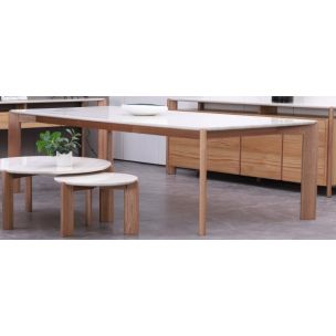 HYLAND 180W DINING TABLE -TASSIE OAK/ TRAVERTINE LOOK TOP